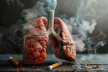 An impactful depiction of human lungs juxtaposed with a cigarette, emphasizing the hazards of smoking and the significance of respiratory wellness. - obrazy, fototapety, plakaty