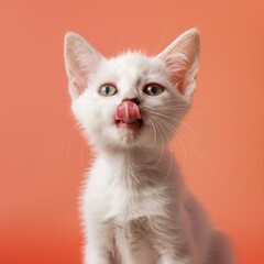 Hungry white kitten cat on color background