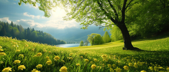 Beautiful spring nature landscape with blooming trees. Meadow, green hills, glade with flowers on sunny day.  Mountains view. Springtime. Generative ai 