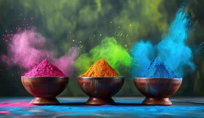 Fotobehang Happy Holi Banner with Explosion Color in Pots, Holi Festival Banner with Variety of Color Powder © shelbys