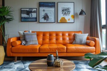 Modern living room interior with vibrant orange leather sofa and stylish wall art