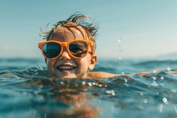 A happy child in sunglasses swims in the sea