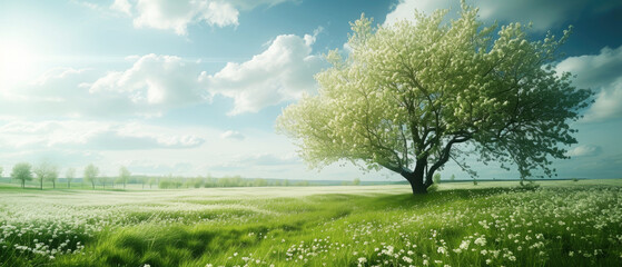 Beautiful spring nature landscape with blooming trees. Meadow, green hills, glade with flowers on sunny day. Generative ai 