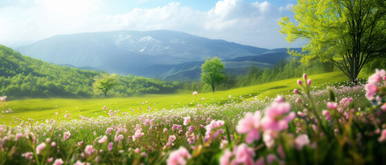 Beautiful spring nature landscape with blooming trees. Meadow, green hills, glade with flowers on sunny day.  Mountains view. Springtime. Generative ai  - obrazy, fototapety, plakaty