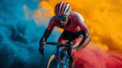 Dynamic cyclist in action against a vivid colorful background representing speed and competition - 761386476