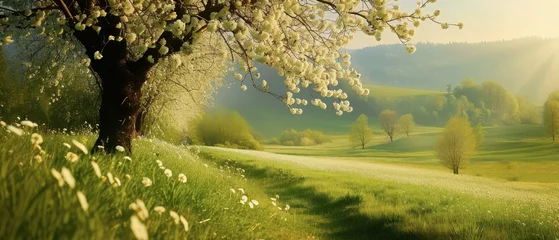 Tragetasche Beautiful spring nature landscape with blooming trees. Scenery meadow, green hills, glade with flowers on sunny day. Springtime. Generative ai  © Inai