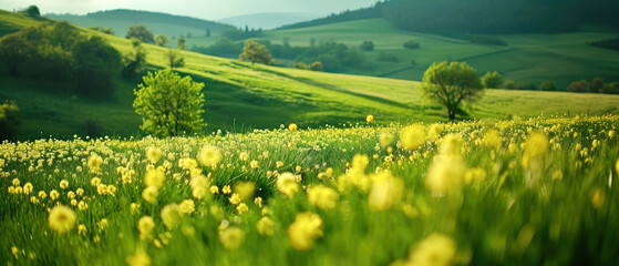 Beautiful spring nature landscape with blooming trees. Meadow, green hills, glade with flowers on sunny day. Generative ai 