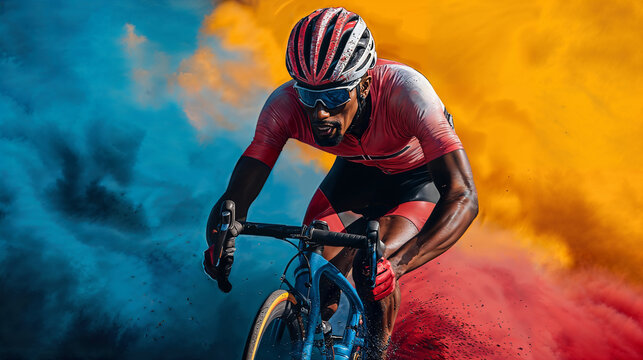 Dynamic cyclist in action against a vivid colorful background representing speed and competition