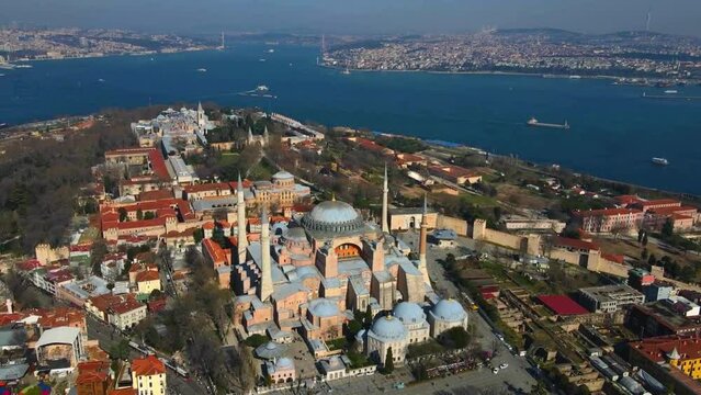 Aerial Hagia Sophia, Aerial Istanbul, Hagia Sophia and Blue Mosque, Hagia Sophia Square, Hagia Sophia through the city, the city Hagia Sophia and the sea, mosque minaret