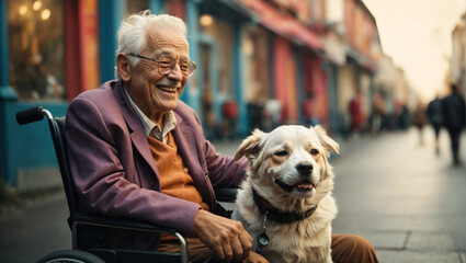 Disabled old man in a wheelchair hugs a dog