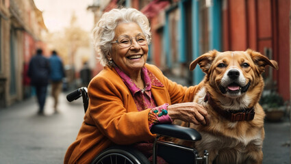 Happy disabled old lady in a wheelchair hugs a dog - 761386606