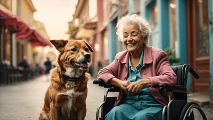 Disabled old lady in a wheelchair with a dog - 761386607
