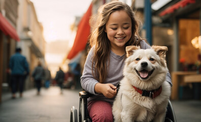 Disabled teenager girl in a wheelchair with a dog - 761386614