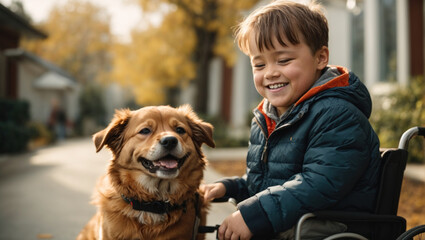 Disabled boy in a wheelchair with a dog - 761386618