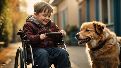 Disabled boy in a wheelchair with a dog - obrazy, fototapety, plakaty