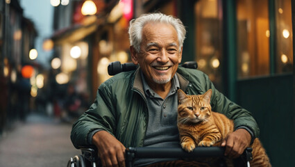 Disabled old man in a wheelchair with a red cat on his knees - 761386623