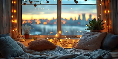 Obraz premium Festive holiday bedroom with city lights view from cozy window seat. Concept Holiday Decor, Bedroom Interiors, City View, Cozy Window Seat, Festive Atmosphere