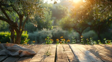 Naklejka na ściany i meble wooden table on olive trees background with sunlights, outdoors, eco scene for presentation or advertising of goods, copy space