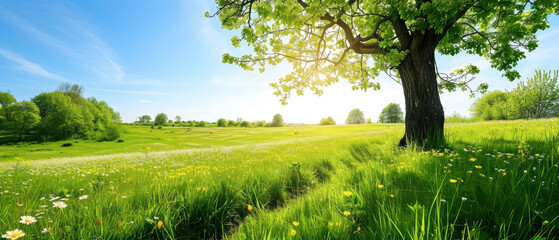 Fototapeta na wymiar Beautiful spring nature landscape with blooming trees. Meadow, green hills, glade with flowers on sunny day. Generative ai 