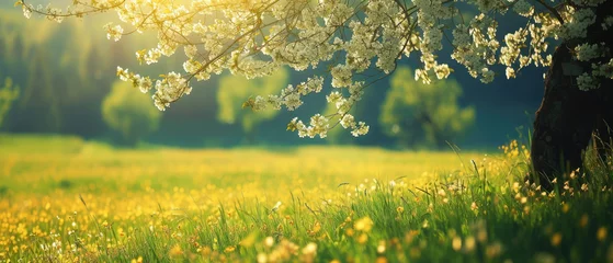 Selbstklebende Fototapeten Beautiful spring nature landscape with blooming trees. Meadow, green hills, glade with flowers on sunny day. Generative ai  © Inai