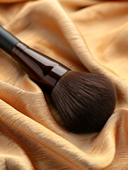 close up of makeup brush commercial product flat lay photography against abstract wavy gold background сreated with Generative Ai