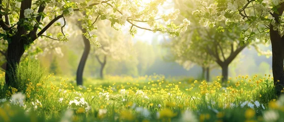 Fotobehang Beautiful spring nature landscape with blooming trees. Meadow, green hills, glade with flowers on sunny day. Generative ai  © Inai