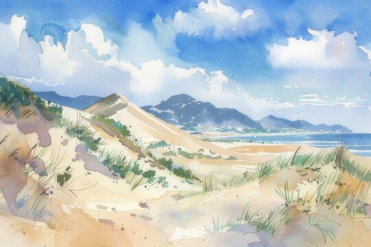 Watercolor image of Tottori sand dunes