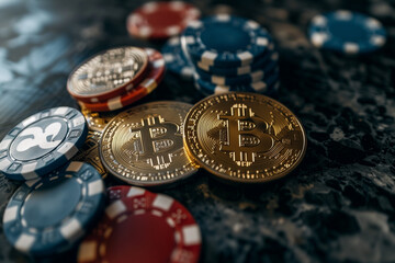 Close-up of Bitcoin coins and poker chips symbolizing online betting.