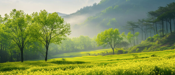 Beautiful spring nature landscape with blooming trees. Meadow, green hills, glade with flowers on sunny day.  Mountains view. Springtime. Generative ai 