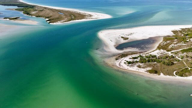 drone photos of Hurricane Pass, Calaesi Island, and Honeymoon Island State Park aerial view