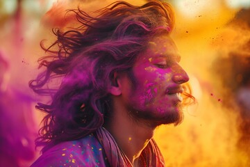 A young hindu man enjoying the holi festival in India.