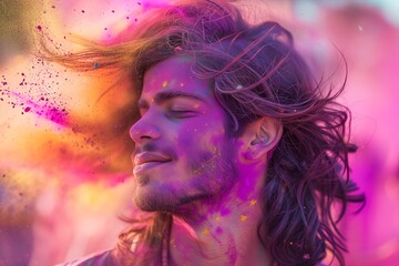 A young hindu man at the jaipur holi festival in India.
