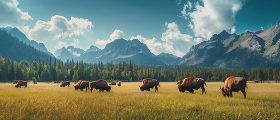 Bison roam a vibrant meadow under the watchful eyes of towering mountains, reflecting a perfect harmony between the animal kingdom and the wilderness - obrazy, fototapety, plakaty