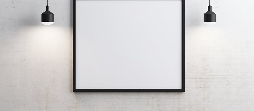A rectangular picture frame is displayed on a white wall in a room, with two lights hanging from the ceiling. The image is captured in monochrome still life photography