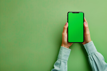 Female hands holding smartphone with blank green screen on green backdrop for tech mockups.