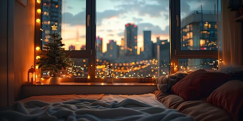 Obraz premium Festive holiday bedroom ambiance with city lights view from cozy window seat. Concept Holiday Decor, Bedroom Ambiance, Cozy Window Seat, City Lights View, Festive Atmosphere