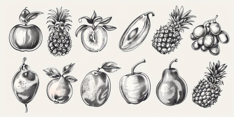 Hand drawn fruits icons set. Decorative retro style collection farm product restaurant menu, market label.
