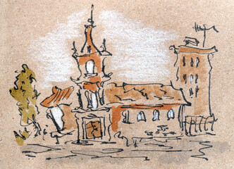 City sketch created with black ink and markers. Color illustration on parchment paper