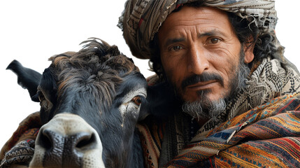 A Balti man in a woolen cap and a robe holding a yak isolated on transparent background, png file - Powered by Adobe