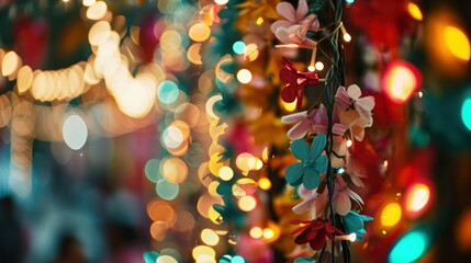vibrant flower-shaped lights with a soft bokeh effect in the background, making it ideal for festive decoration themes or as a backdrop for invitations and announcements.