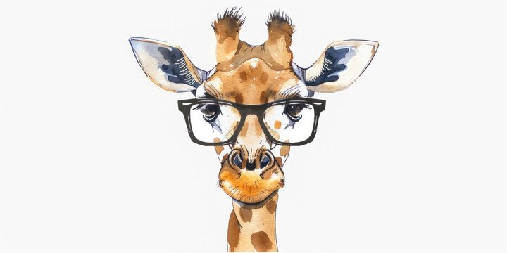 Hand drawn Illustration of Giraffe in glasses isolated on white background.