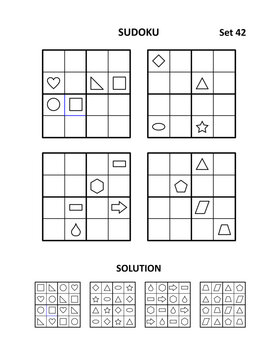 Sudoku - four picture puzzles for brain workout. Print and draw shapes to fill in the blanks. Suitable both for kids and adults. Answers included. Set 42.
