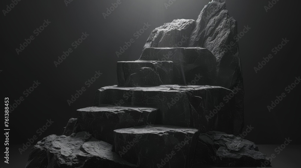Poster minimalist stone podium on dark background for product display in studio setting
