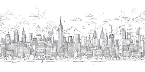 Outline cityscape. Wide horizontal panorama.