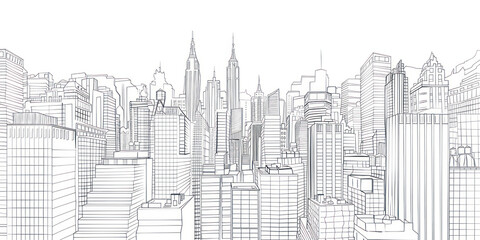 Outline cityscape. Wide horizontal panorama.