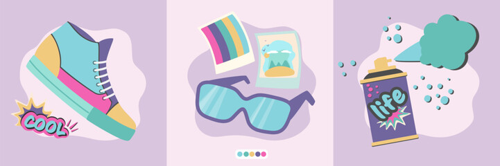 Set illustrations in 90 style. Sneakers, glasses, vintage photos, spray paint in flat design. Vector illustration.
