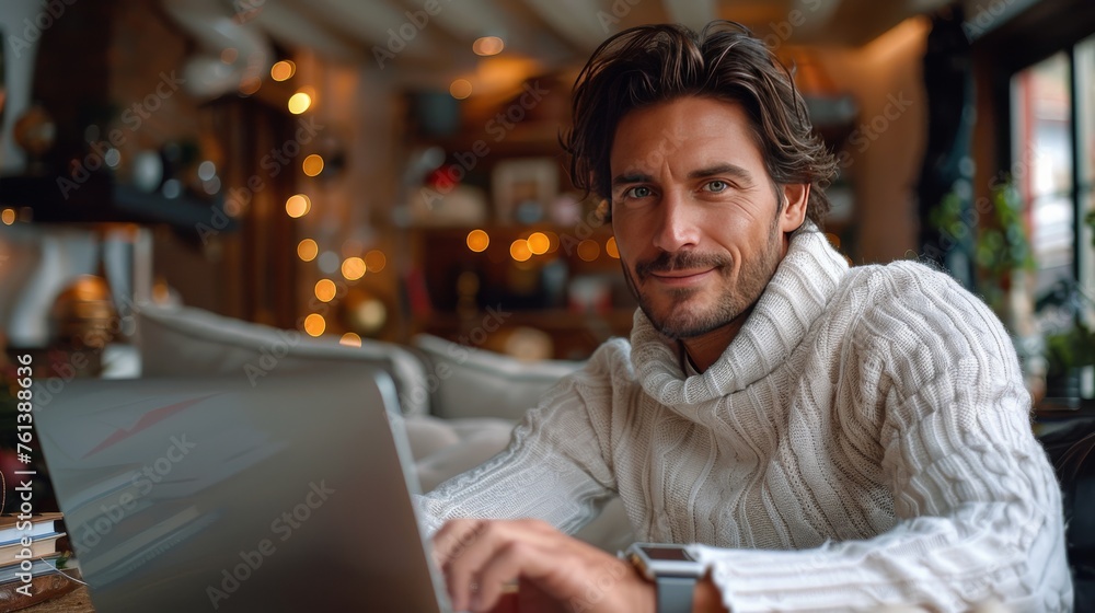 Poster man working on laptop computer