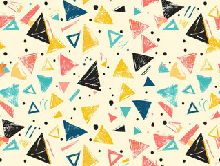 A colorful pattern of triangles and squares on a white background