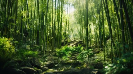 view of bamboo forest with fog in the morning during the rainy season. isolated on a bamboo...