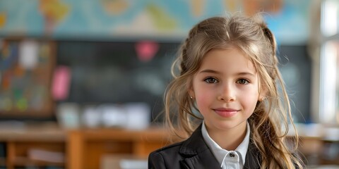 Vibrant Image of a Cheerful Schoolgirl in Classroom Uniform. Concept Schoolgirl Photography, Vibrant Colors, Classroom Setting, Uniform Portrait, Cheerful Expression
